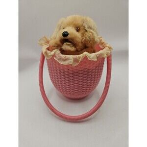 Vintage Wind UP ALPS JAPANESE LITTLE DOG IN A Pink BASKET Works